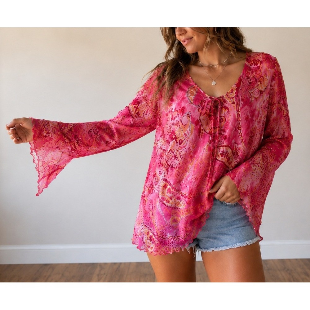 Y2K Fairy Paisley‎ Chiffon Tunic Top Large Pink Metallic Boho Festival Hippie